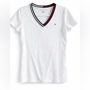 Tommy Hilfiger Women's White V-Neck Tee with Striped Collar